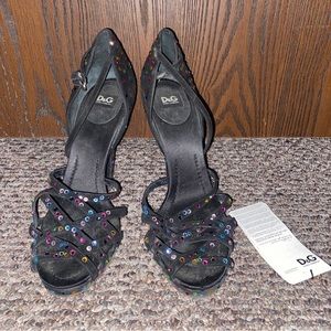 Dolce & Gabbana Black High Heel Rhinestone Strappy Sandals Size 39.5 US 9